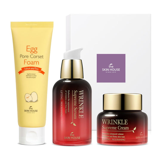 THE SKIN HOUSE Wrinkle Supreme Gift Set – 3-Step Korean Skincare Kit with Ginseng, Adenosine & Ceramide | Firming Cleanser, Wrinkle Serum & Nourishing Cream | Holiday Gift for Hot Weather