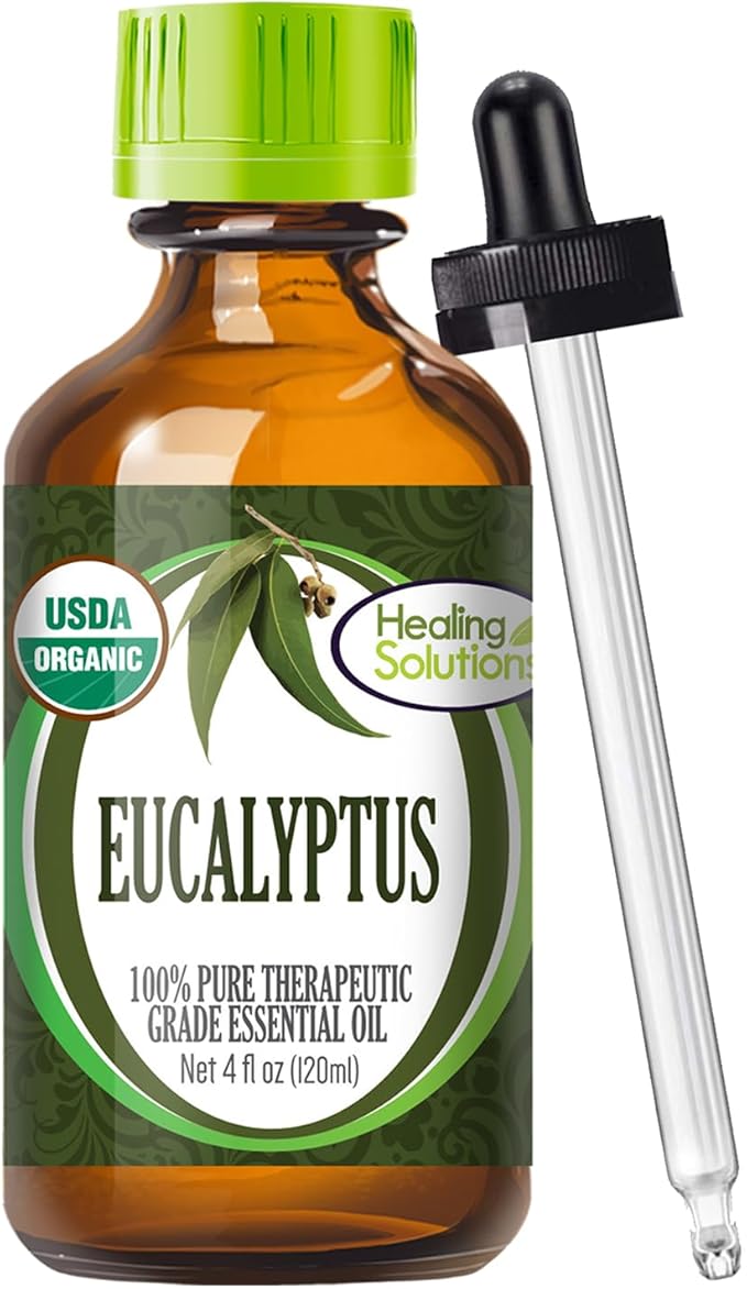 Healing Solutions 4 fl oz (120ml) Organic Eucalyptus Essential Oil, Undiluted & Pure, for Hair, Skin, Diffuser, and Aromatherapy