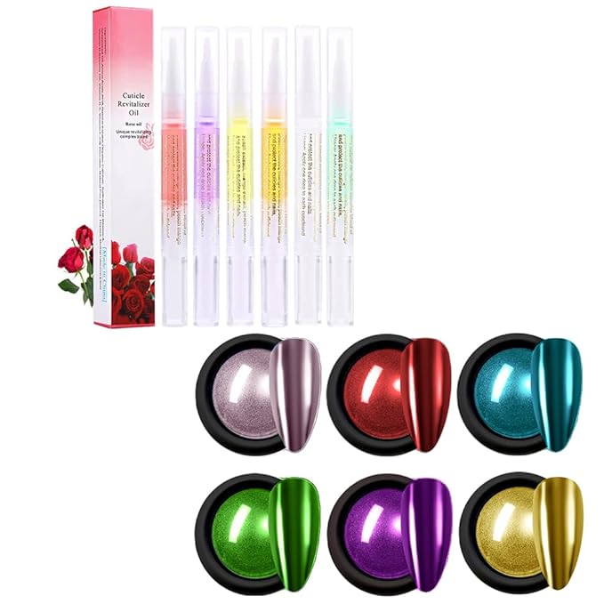 6Pcs Nail Cuticle Oils and 6colour Chrome Nail Powder for Beautiful Mirror Effect