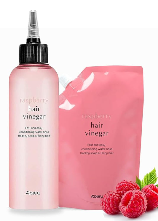A’PIEU Raspberry Hair Vinegar Rinse & Refill Bundle 6.76 + 13.6 fl oz - Scalp Treatment for pH Balance | Clarifying, Dandruff & Oil Control | Silky, Shiny Hair