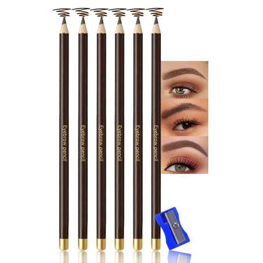 6Pcs Long Eyebrow Pencils Set, Dark Coffee Natural Look, for Eyebrows & Eyeliner,Waterproof & Sweat-Proof Wooden Hard-Core Brow Pencil with Sharpener,Long Lasting Makeup Kit for Beginners 102#