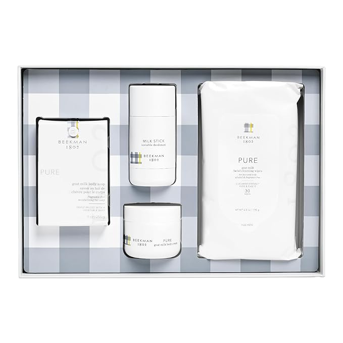 Beekman 1802 Pure Goat Milk 4-Piece Bodycare Gift Set - Includes Body Bar Soap (9 oz), Mini Whipped Body Cream, Facial Cleansing Wipes (30 ct) & Milk Stick Natural Deodorant (2.5 oz)