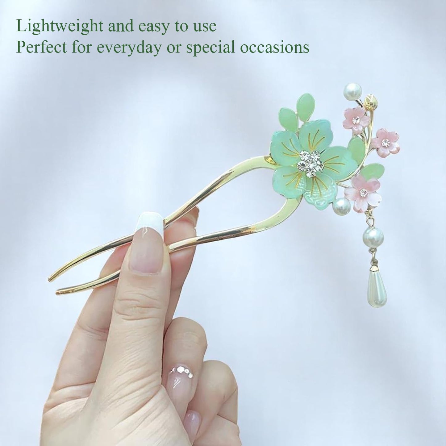 Ancient Style Elegant Flower Tassel Hairpin, Vintage Floral Hair Pin, Mint Green and Pink Flowers with Pearl Tassel, Chinese Style Hairpin Hair Accessories