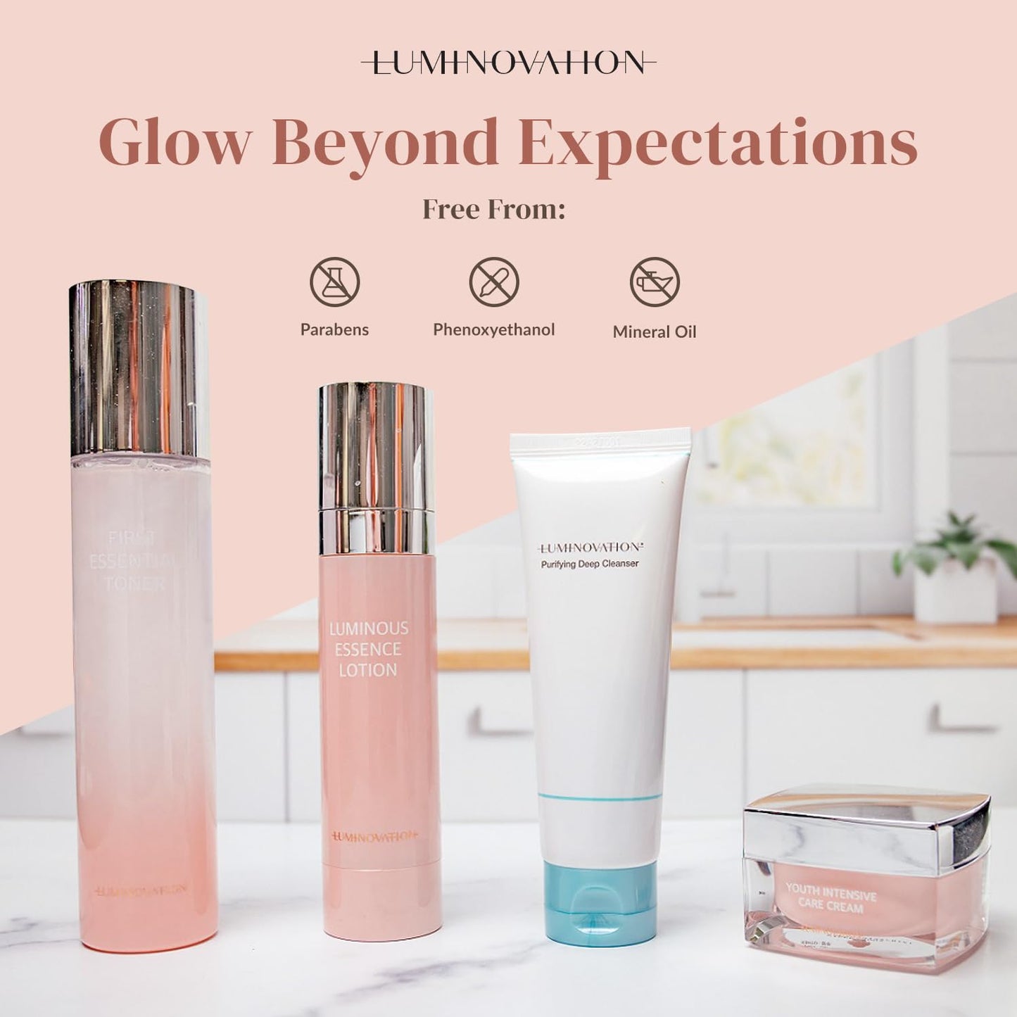 Mannatech | Luminovation K-Beauty System - 4-Step Korean Skincare Set: Purifying Deep Cleanser, First Essential Toner, Luminous Essence Lotion, and Youth Intensive Care Cream. K Skin Care Sets & Kits