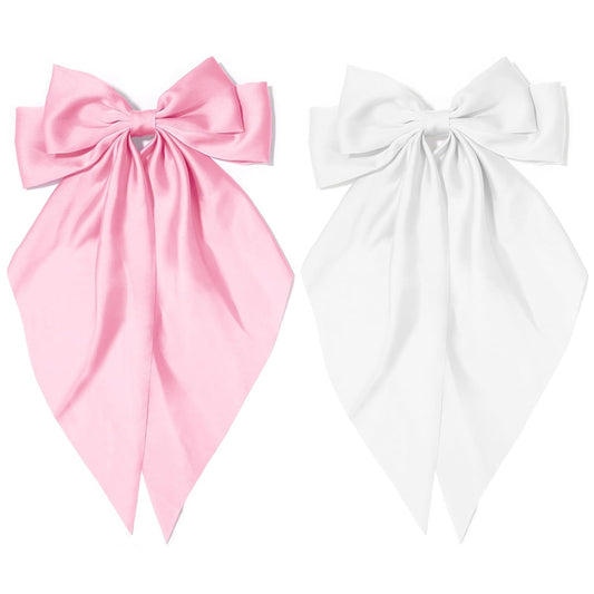 Large Hair Bows 2PCS Pink White Hair Bow for Women Big Satin Long Tail Hair Bow Hair Clips Aesthetic Hair Accessories