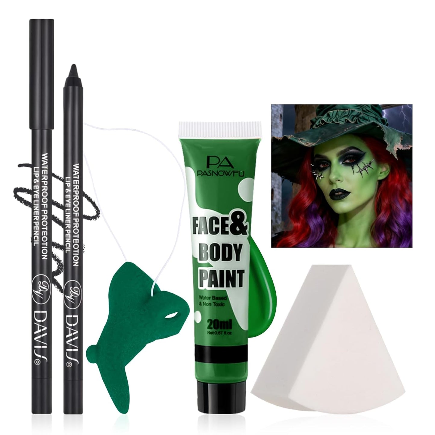 Halloween Makeup Kit for Witch, Complete SFX Costume Set with Green Face Paint, Witch Fake Nose, Water-Based Face Paint Set for Halloween Cosplay SFX Makeup, Costume Parties, Theater