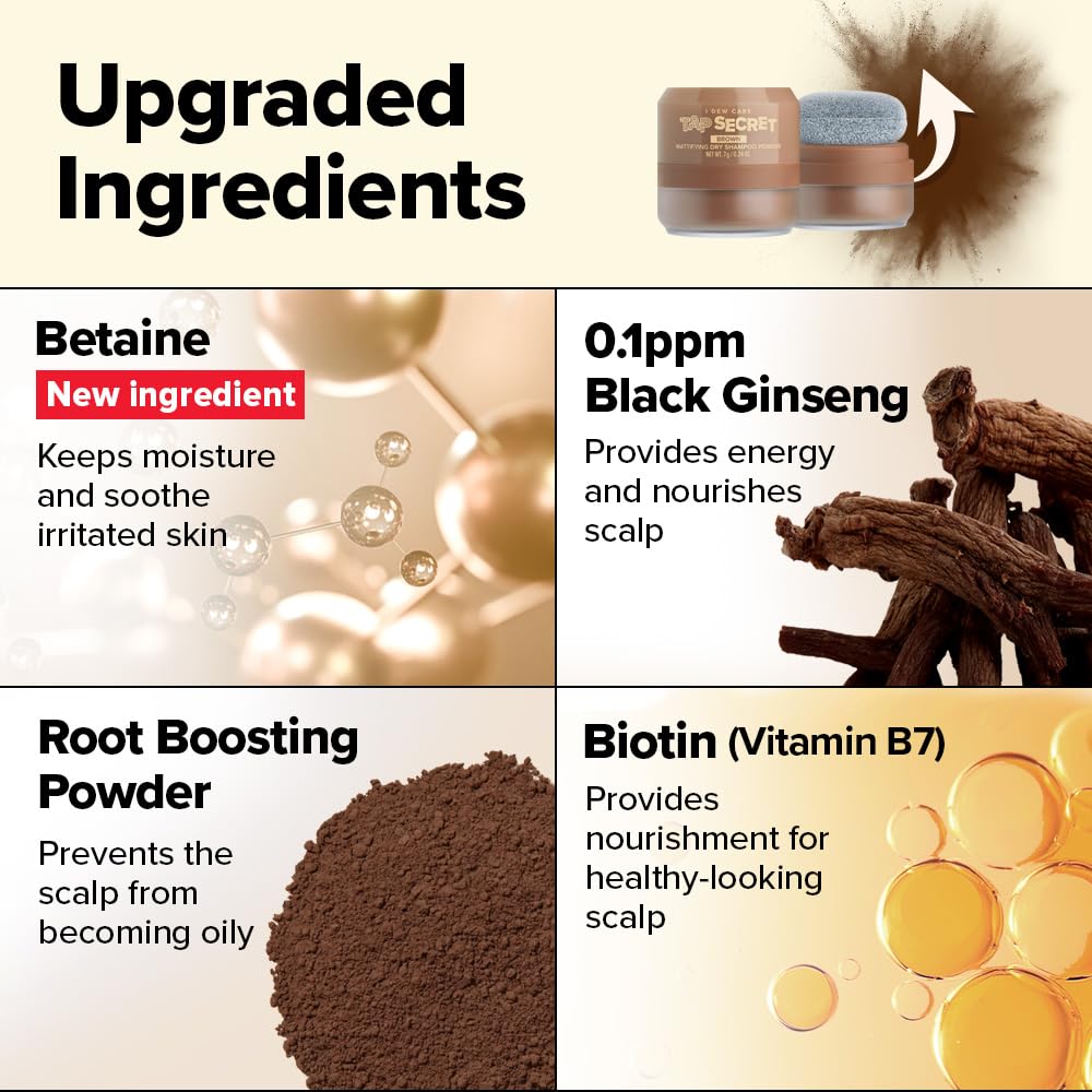 I DEW CARE Biotin Clarifying Dry Shampoo - Tap Secret Brown | Strengthening & Volumizing, Powder Type, Refillable, Travel size, Non-aerosol, Brunette, Korean Ginseng, 0.26 Oz