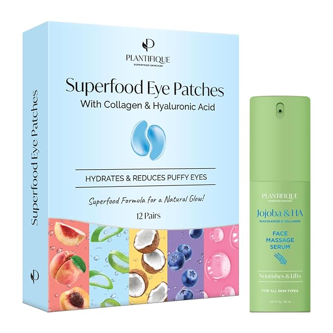 PLANTIFIQUE Superfood Under Eye Patches Dark Circle 12 Pairs and Jojoba Oil & Hyaluronic Acid Face Serum for Gua Sha Massage with Vitamin C, E Niacinamide for Glowing Skin