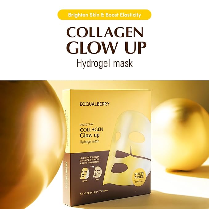 Collagen Glow Up Mask - Niacinamide & Low Molecular Collagen for Brightening and Radiance Boosting | Korean Collagen Face Mask for Glass Skin, 4 Sheets, 1.01 OZ.