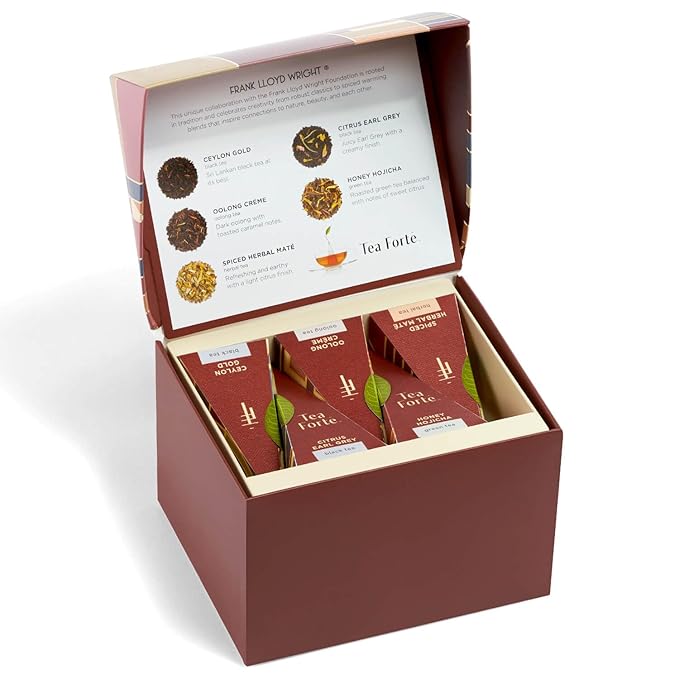 Tea Forte Frank Lloyd Wright 3-Piece Mother's Day Tea Gift Set with Sienna Stoneware Cup with Tea Tray and 10 Count Mini Presentation Box, 2 of Each Blend Handcrafted Pyramid Infuser Tea Bags