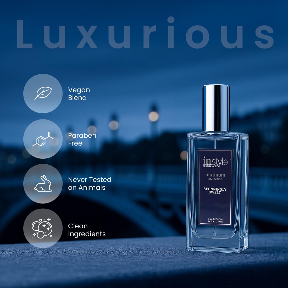 Instyle Fragrances Platinum Collection Stunningly Sweet, Premium Women’s Eau de Parfum, CLEAN, Vegan, Paraben-Free, Never Tested on Animals, 3.4 Fluid Ounces