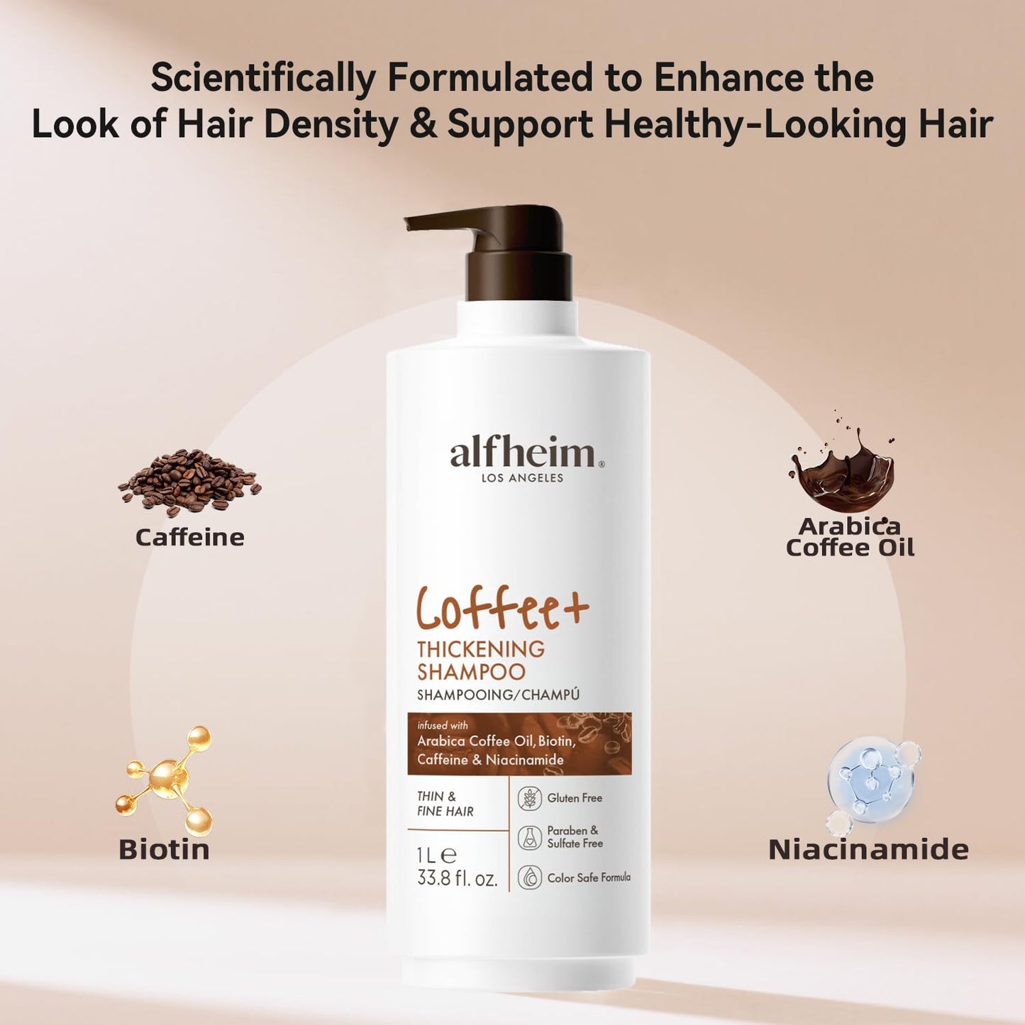 ALFHEIM Coffee+ Thickening Shampoo for Fine, Thin & Weak Hair with Caffeine, Biotin & Arabica Coffee Oil, Energizing, Strengthening & Volumizing Cleanser, Paraben-Free, Sulfate-Free, 33.8 oz / 1000 ml