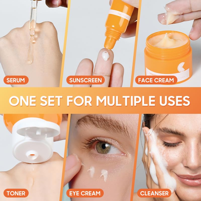 6 Pcs -Vitamin C Skincare Set for Face - with Cleanser, Serum, Eye Cream, Moisturizer, Sunscreen & Toner | Brightening, Hydrating& Anti-Aging,Perfect for Teens & Girls,Moisturizing Face Skin Care Kit