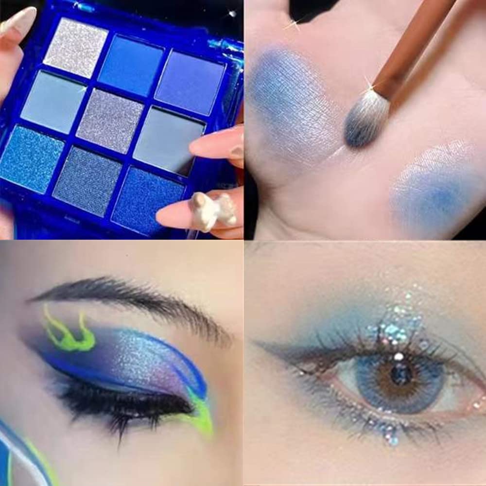 Go Ho 9 Style Blue Grey White Powder Makeup Eyeshadow Palette, Matte & Pearl Shimmer Design Waterproof Cool Blue Eye Eyeshadow Palette for Women & Girls