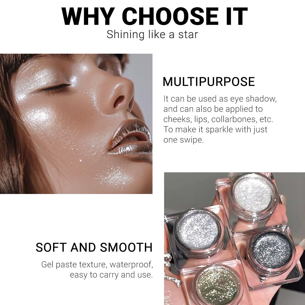 Single Cream Glitter Eyeshadow, Shimmer Eyeshadow Palette, Korean Eye Glitter Makeup, Ultra-Blendable, Sparkle Silver Eye Shadow, Single Shade Metallic Pigmented (Sparkle white)