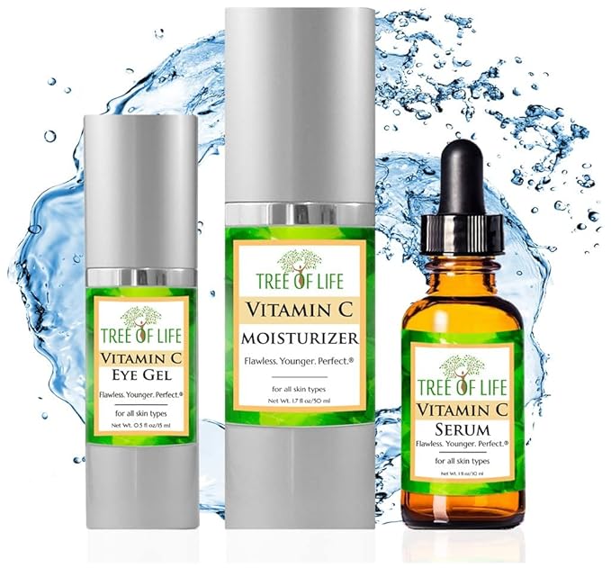 Tree of Life Vitamin C Serum for Face w/ 1.7 Oz Moisturizer Cream & 0.5 Oz Eye Gel - Skin Care Trio Serums to Brightening Dark Spot, Smooth Dry & Sensitive Skin, Anti-Aging, Wrinkles