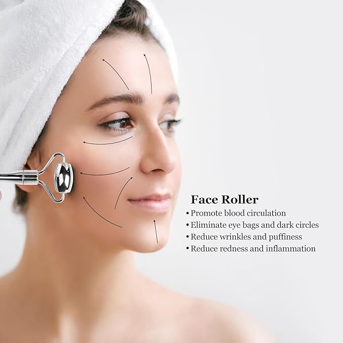 Stainless Steel Face Roller,2-in-1 Facial Roller and Guasha Tool for Face,Cooling Metal Roller for Redness Reducing,Skin Care