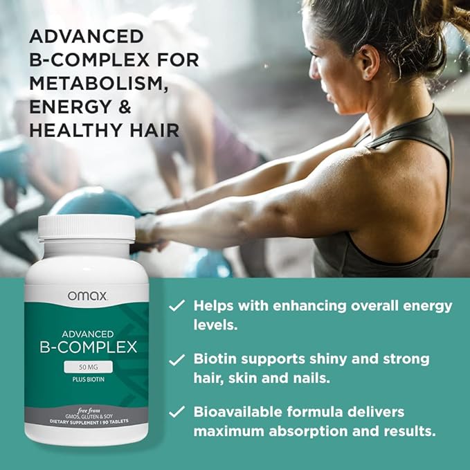 Omax3 Advanced Vitamin B Complex 50MG with Biotin | Strong & Shiny Hair, Skin Nails, Support Stress, Immunity, Energy Metabolism, 90 Capsules
