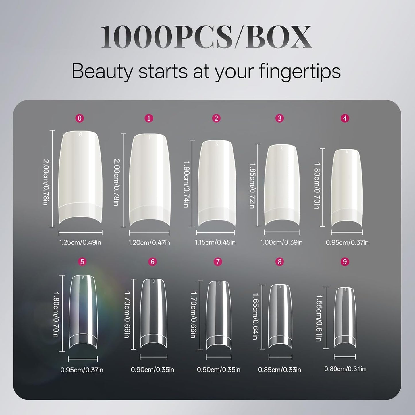 krofaue Nail Tips Lady French Style Acrylic Artificial Half Cover False Nail Tips with Box Ideal for Salons and Home DIY Manicure,10 Sizes,1000PCS (Natural and Clear)