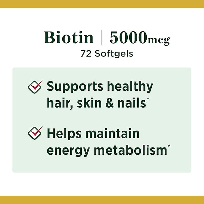 Nature’s Bounty Biotin Supplement, Supports Healthy Hair, Skin & Nails, 5000mcg, 72 Rapid Release Softgels