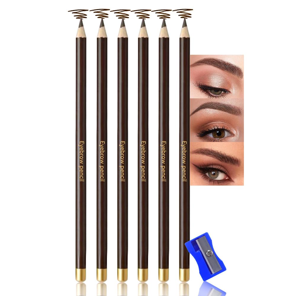 6Pcs Long Eyebrow Pencils Set - Brown Natural Look, for Eyebrows & Eyeliner, Waterproof & Sweat-Proof Wooden Hard-Core Brow Pencil with Sharpener, Long Lasting Makeup Kit for Beginners 103#