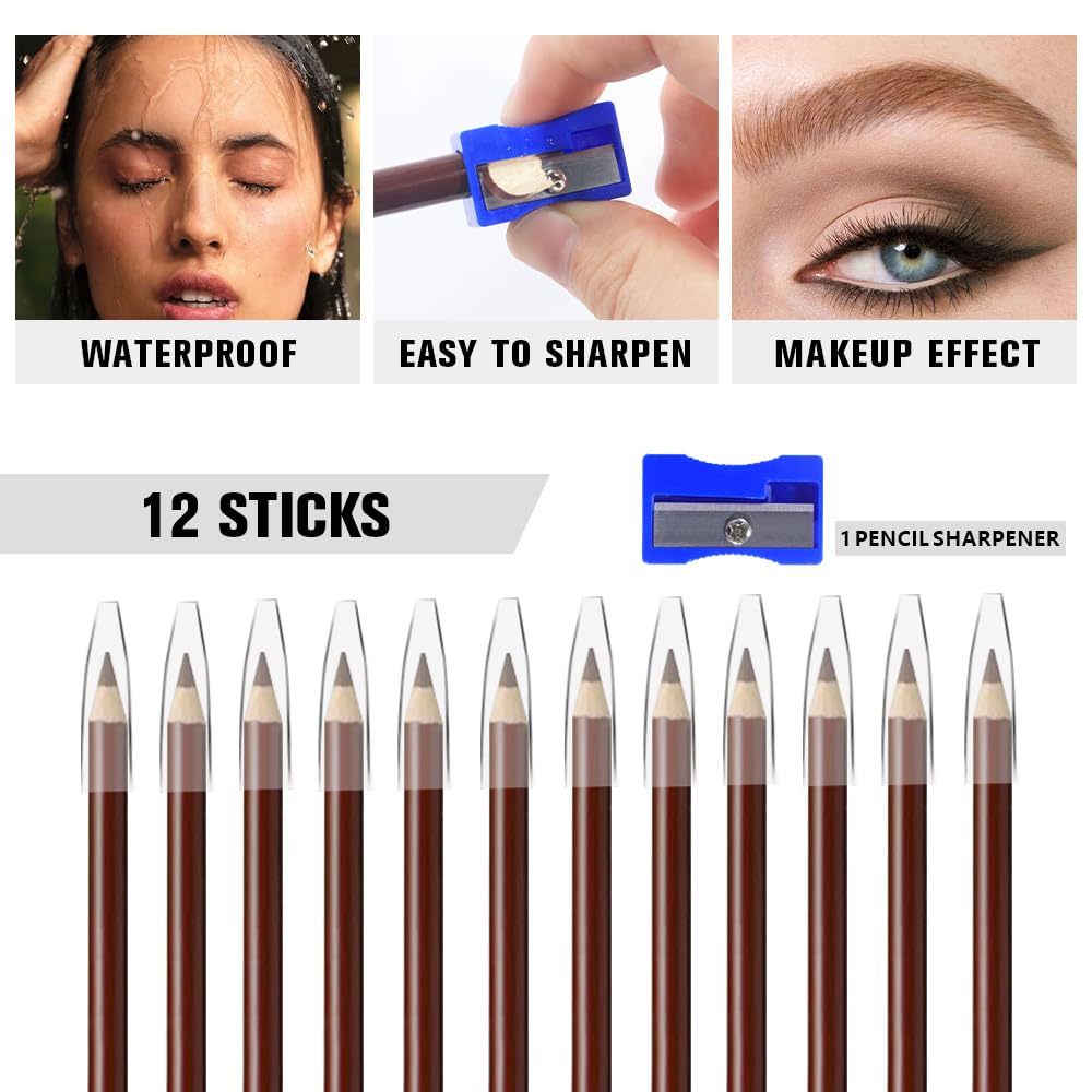 12Pcs Long Eyebrow Pencils Set, Coffee Natural Look,for Eyebrows & Eyeliner,Waterproof & Sweat-Proof Wooden Hard-Core Brow Pencil with Sharpener,Long Lasting Makeup Kit for Beginners104#