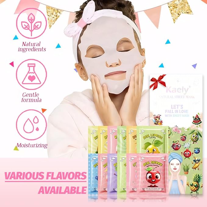 12 Pack Fruit Face Masks for Kids,Hydrating Face Mask For Sensitive Skin,Moisturize,Soothing,Nourish for All Skin Types,Natural Spa Party Facial Mask Skincare Set for Women Men Girls
