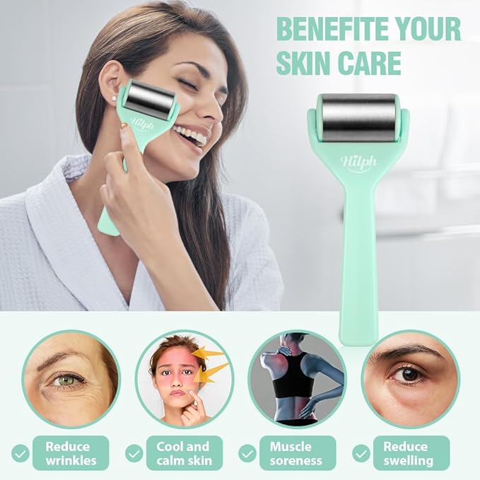 Hilph Ice Roller for Face Metal, Stainless Steel Ice Face Roller for Skin Care, Cold Facial Massager Roller for Puffiness, Eye Bags, Wrinkles, Fine Lines Anti-Aging (Green)