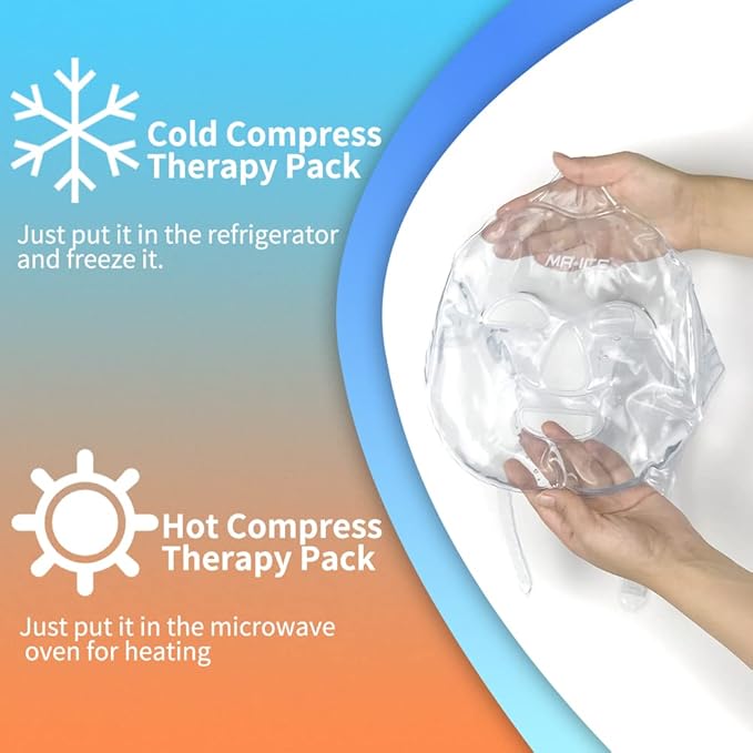 MR.ICE Gel Face Ice Pack Mask, 2 Cooling Masks for Face Swelling, ice face mask Reusable Cold Hot Compress for Puffiness, Sinus Pain & Stress Relief, Freezer Face Mask for Headache, Dark Circles