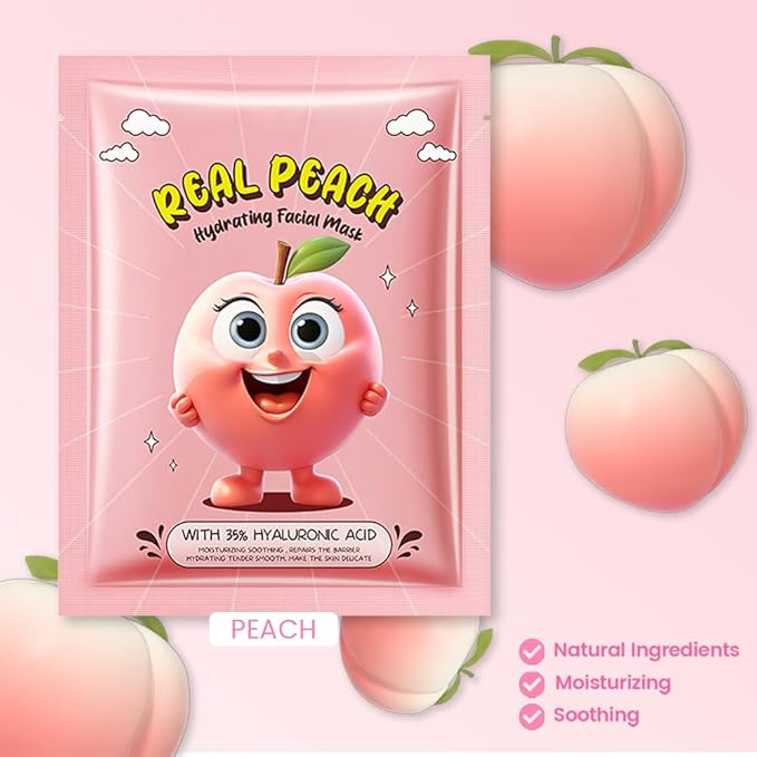 8 Pack Peach Fruit Face Masks for Kids,Hydrating Spa Face Mask For Sensitive Skin,Moisturize,Soothing,Nourish for All Skin Types,Natural Spa Face Mask for Women Men Girls