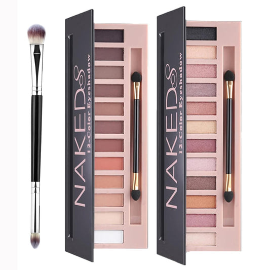 12 Colors Makeup Eyeshadow Palette*2 Pack, Natural Nude Matte & Shimmer Eye Shadow Palette and eyeshadow brush Set,Waterproof Smokey Professional Cosmetic Beauty Kit