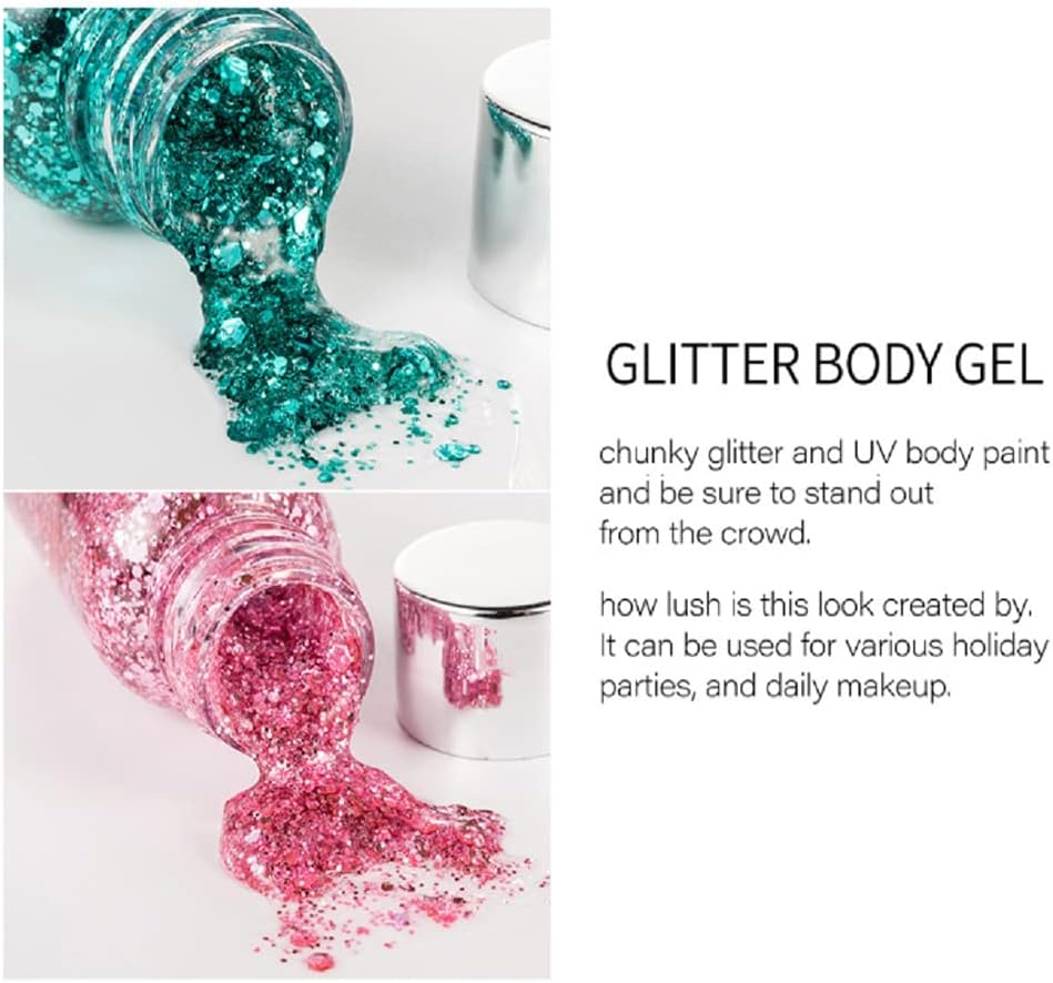 Mermaid Sequins Body Glitter Gel, Make Up Long Lasting Glitter for Body Face Hair Eyeshadow, Music Festival Party Carnival Long Lasting Face Glitter, No Glue Needed and Easy to Remove. (Blue)