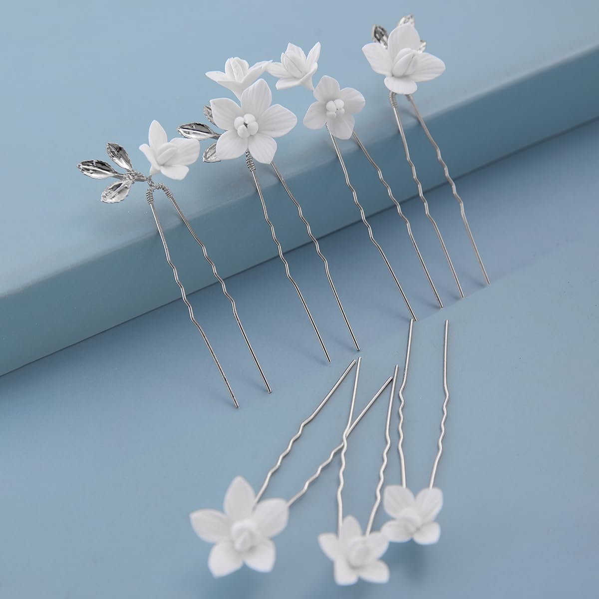 Handmade Bridal Wedding Hair Pins 7 Pcs Polymer Clay White Flower Hair Clips Silver Wedding Hair Accessories for Women Bride Bridesmaid