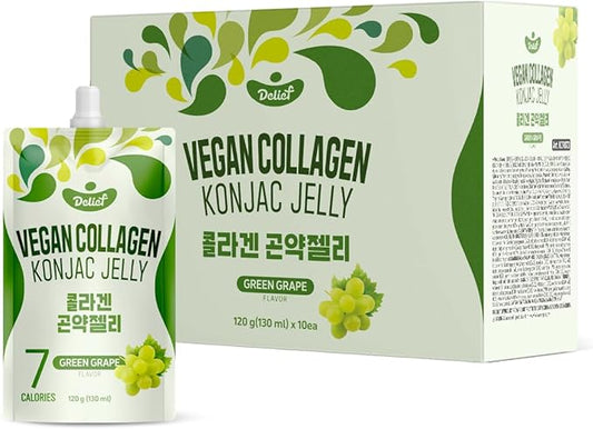 Vegan Collagen Konjac Jelly (Green Grape Flavor) 120g x 10 Packs – Low-Calorie Fruit Gel Snack, Gluten-Free, Plant-Based, 7 kcal per Pouch