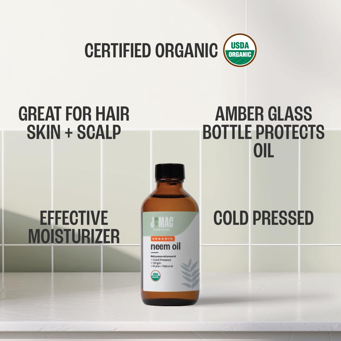 J MAC BOTANICALS Organic Neem Oil for Skin (8 oz Glass Bottle NO Dropper), 100% Organic, Undiluted, Cold Pressed Neem Oil