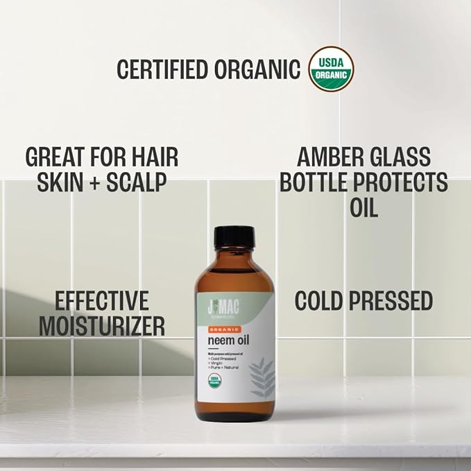 J Mac Botanicals Organic Neem Oil for Skin (4 oz Glass Bottle NO Dropper) - 100% Pure Concentrate Undiluted for Hair and Plants - Essential, Cold Pressed