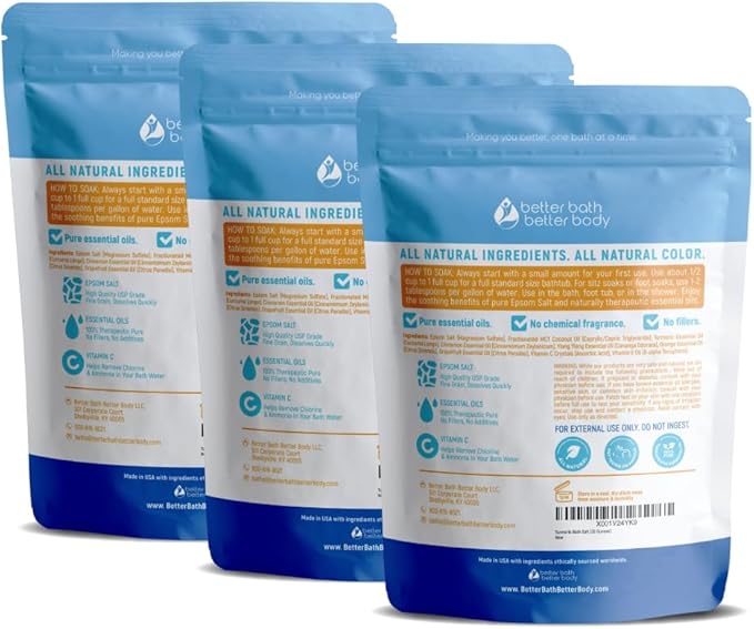 Turmeric Bath Salt (3 Pack with Scoop 6 Lbs Total) Total Bath Aromatherapy Pure Essential Oils in BPA Free Pouch with Press Lock Seal Made in USA Three 2 Lbs Bundle