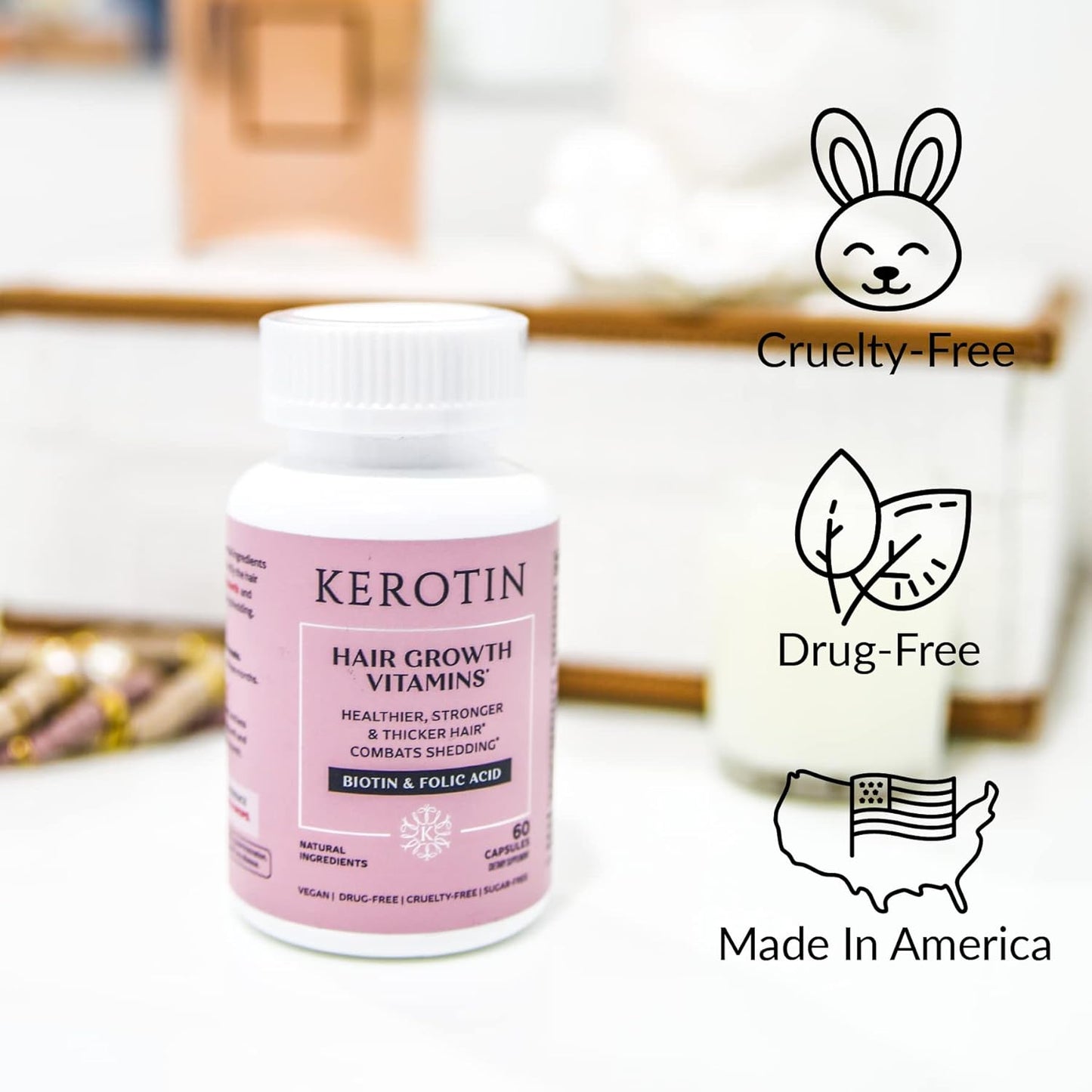 Kerotin Hair Growth Vitamins, Biotin Supplement, DHT Blocker, Collagen Stimulator, for Hair Loss Support, Nail & Skin Care, Includes Saw Palmetto, Vitamin D3 & More - 60 Pills (1 Month Supply)