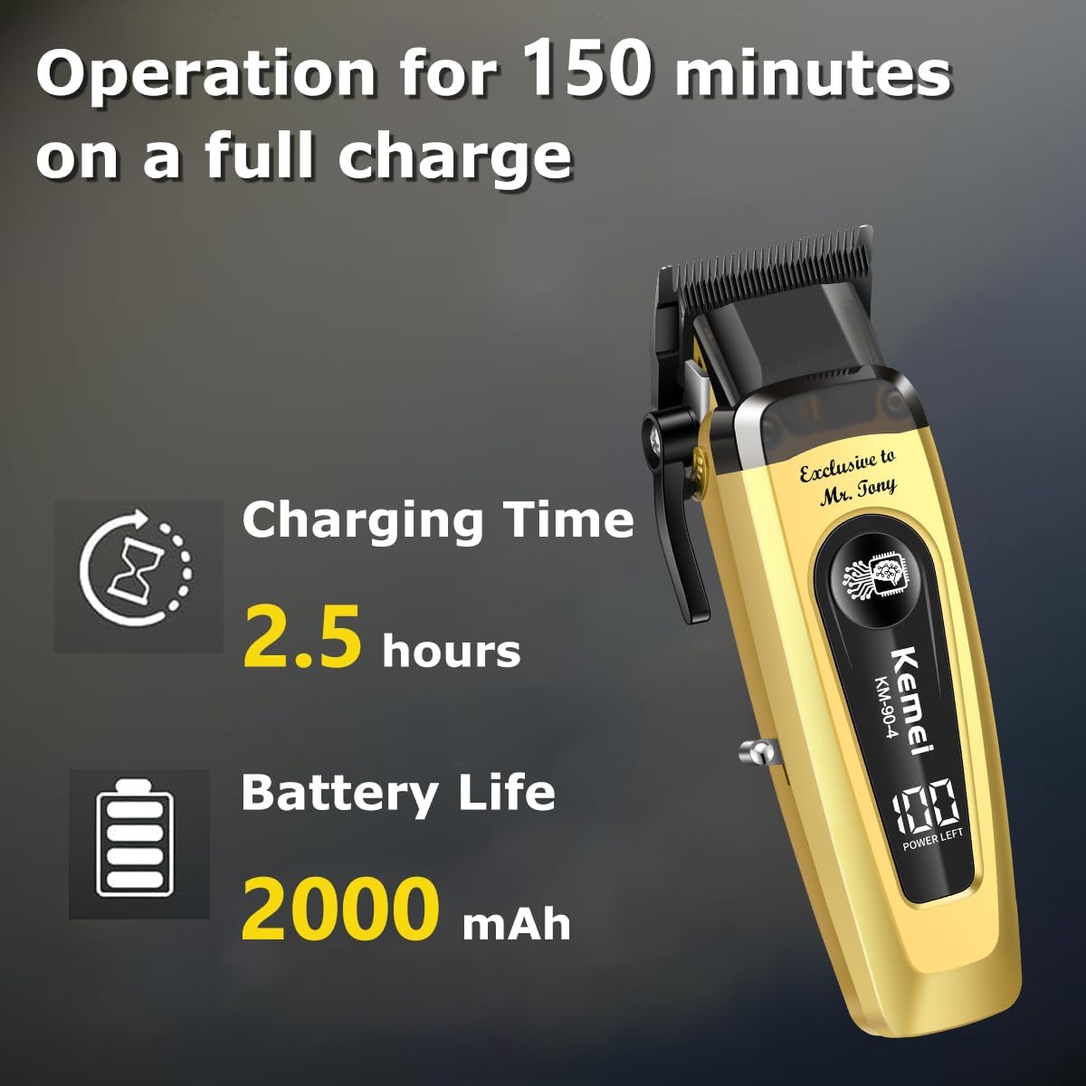 KEMEI 90-4 Professional Hair Clippers for Men, 11500 RPM Barber Clippers with LED Display, Cordless Hair Trimmer with DLC Blade & Charging Base, 2000 mAh Hair Clipper for Barbers Haircut Kit