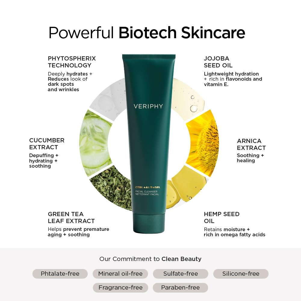 Veriphy CTRL+ALT+DEL Facial Cleanser – Hydrating Cream Cleanser with Hemp Seed Oil, Cucumber & Jojoba – Removes Makeup & Impurities – 150mL / 5 fl. oz.