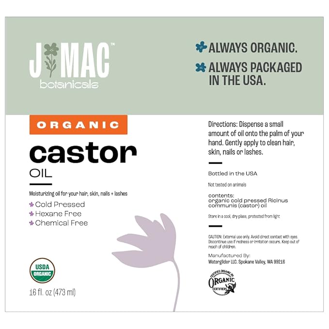 Organic Castor Oil, Cold Pressed (16 oz) BPA Free, Castor hexane free, for face, skin, eyelashes, Certified USDA Organic