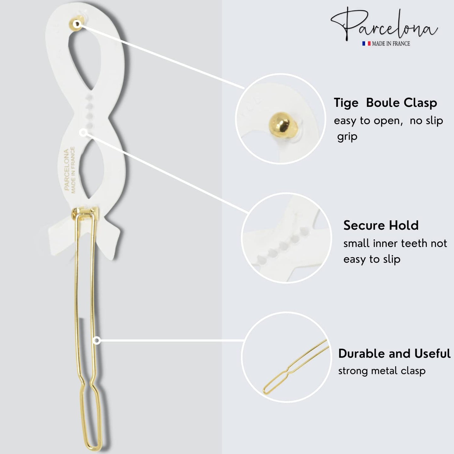Parcelona French Infinity Ribbon Small 2 1/4" Celluloid French Hair Slides Clips for Women Tige Boule Clasp Girls Side Slide-in Barrette Clip Paris Hair Accessories for Women Strong Hold No Slip Grip Fashion Durable Styling, Made in France (Solid White)