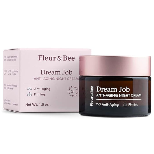 FLEUR & BEE Anti Aging Night Cream | Clean, 100% Vegan | Overnight Repair Face Cream to Improve Fine Lines and Wrinkles | Dream Job 1.5 oz