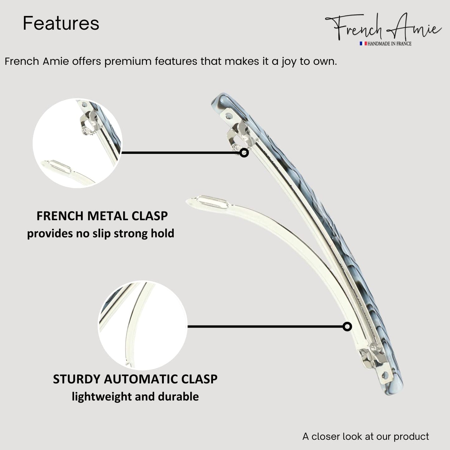 French Amie Long and Thin Large 4" Handmade Celluloid Hair Barrette Clip for Girls Automatic Strong Hold Hair Clips for Women No Slip Durable Paris Hair Accessories, Made in France (Gray Magma)