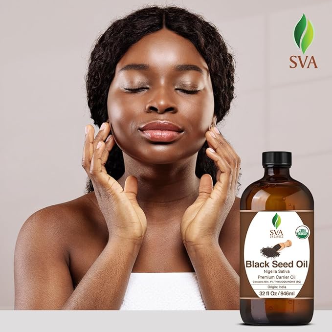 SVA Black Seed Oil Organic - 32 Fl Oz – 100% Natural Cold Pressed Organic Black Seed Oil - for Face, Skin Care, Hair Care, Scalp Massage & Body Massage – Carrier Oil