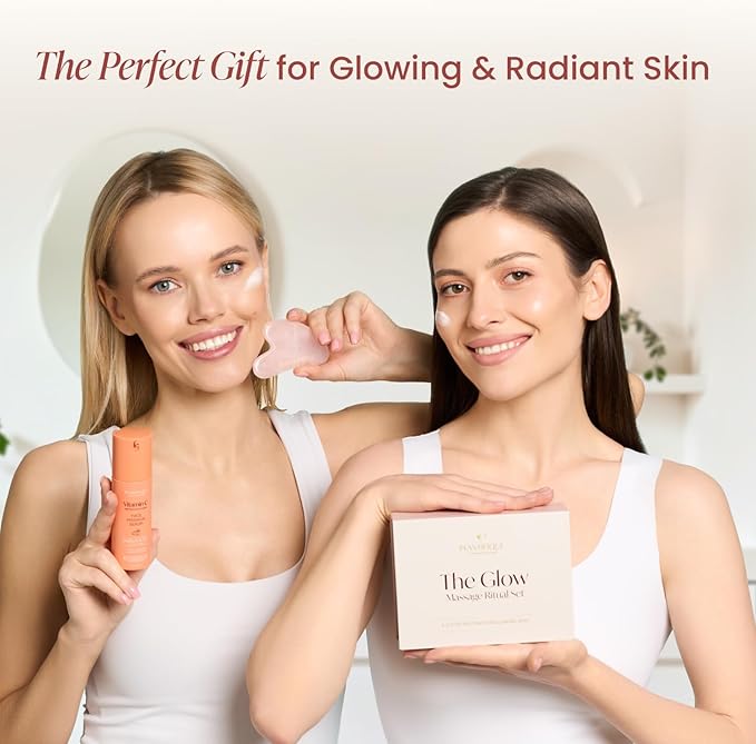 PLANTIFIQUE Massage Ritual Set Premium Certified Rose Quartz Gua Sha + Vitamin C Serum Skin Care Set, Birthday Gifts for Women, Teens, Mom, Brides