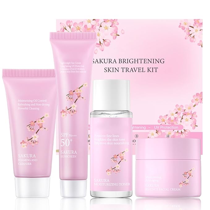 Sakura Skincare Gifts for Teenage Girls Skincare Kits - Skin Care Sets & Kits - Cherry Blossom Skin Care Kit - Pamper Sets For Women Gifts - Travel Size Face Wash-Toner-Moisturizer-Sunscreen