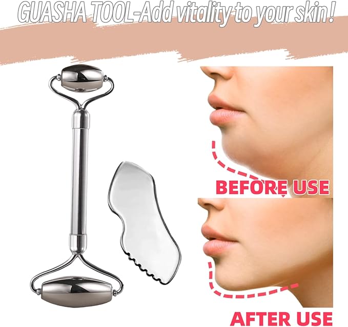 Face Roller & Gua Sha Tool, Stainless Steel Facial Roller and Guasha Tools Skin Care Roller for Wrinkles and Lifting, Improve Puffiness, Metal Face Massager for Eyes, Neck Tighten（2 Pack