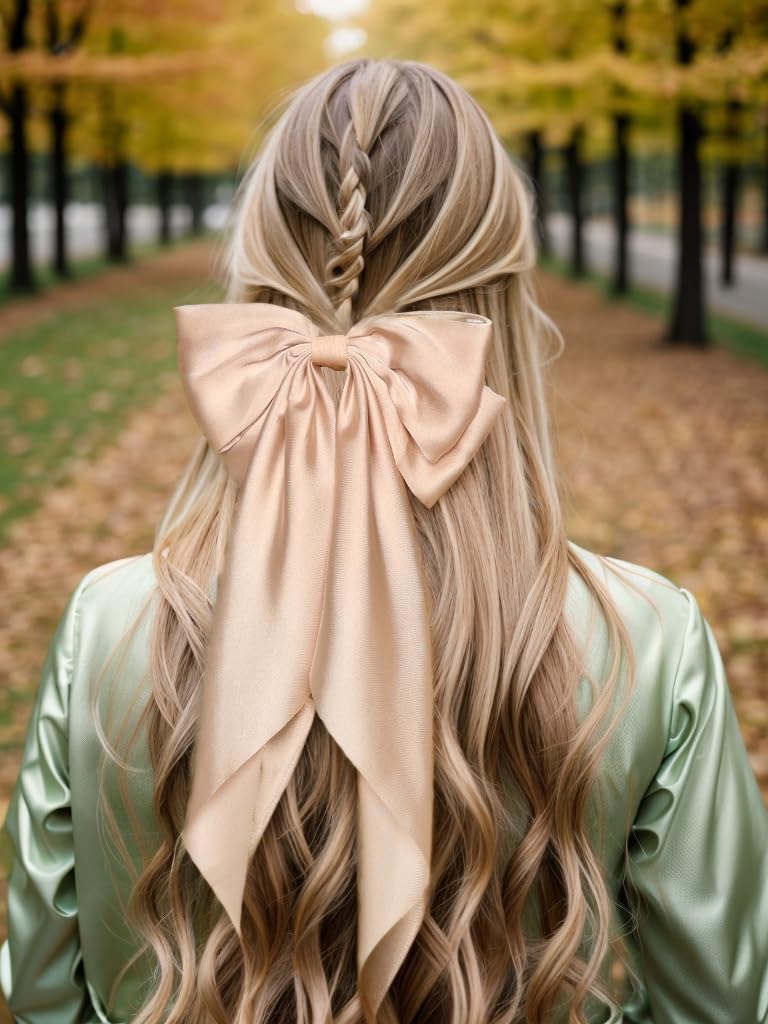 Big Bow Barrettes and Satin Hair Pins with Long Ribbon Tails - Party and Casual Hair Accessories for Women and Girls in Apricot