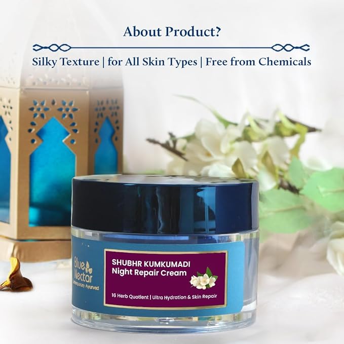 Blue Nectar Kumkumadi Night Face Cream Moisturizer with Natural Almond & Saffron | Facial Moisturizer for Skin Repair and Hydration (16 Herbs, 1.7 Fl Oz)